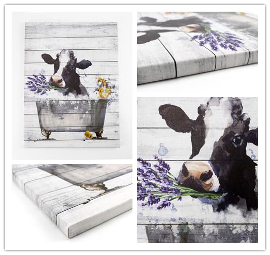 HVEST Funny Cow Wall Art Framed Black White Watercolor Animal Cattle and Purple Lavender Floral Canvas Abstract Painting Modern Artwork Ready to Hang for Bathroom Bedroom Living Room Decor,12x16Inchs