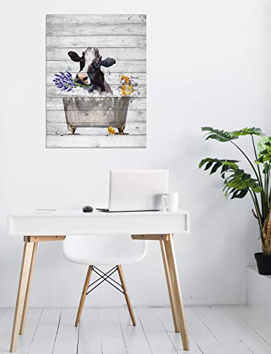 HVEST Funny Cow Wall Art Framed Black White Watercolor Animal Cattle and Purple Lavender Floral Canvas Abstract Painting Modern Artwork Ready to Hang for Bathroom Bedroom Living Room Decor,12x16Inchs