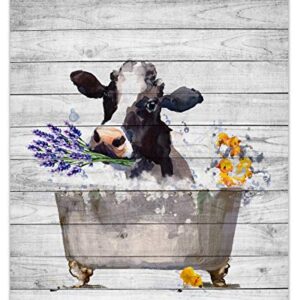 HVEST Funny Cow Wall Art Framed Black White Watercolor Animal Cattle and Purple Lavender Floral Canvas Abstract Painting Modern Artwork Ready to Hang for Bathroom Bedroom Living Room Decor,12x16Inchs