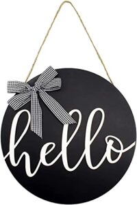 auldhome rustic hello door hanger (12-inch): round wood plaque with checkered bow