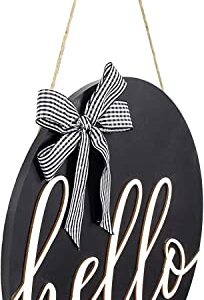 AuldHome Rustic Hello Door Hanger (12-Inch): Round Wood Plaque with Checkered Bow