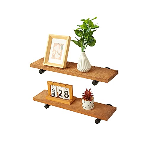 Coral Flower Reclaimed Wood Shelves with Black Industrial Pipe Brackets, Set of 2, Walnut 1