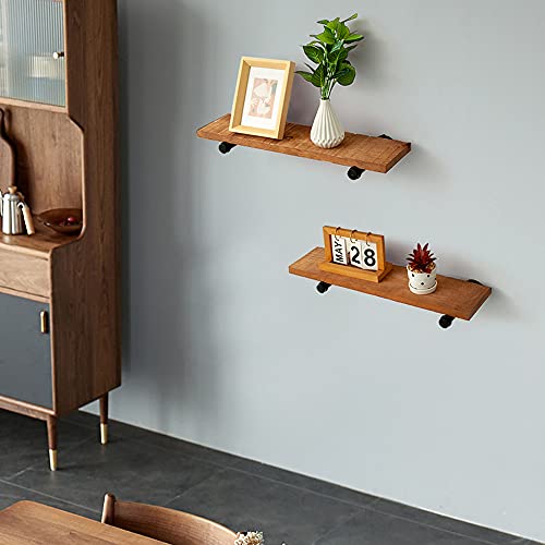 Coral Flower Reclaimed Wood Shelves with Black Industrial Pipe Brackets, Set of 2, Walnut 1