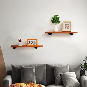 Coral Flower Reclaimed Wood Shelves with Black Industrial Pipe Brackets, Set of 2, Walnut 1