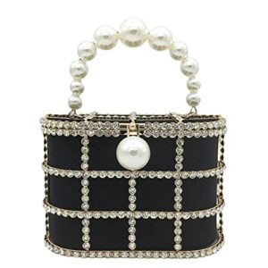 synthetic pearl top-handle women metal bucket bag crystal evening purses and clutches formal wedding handbags (black)
