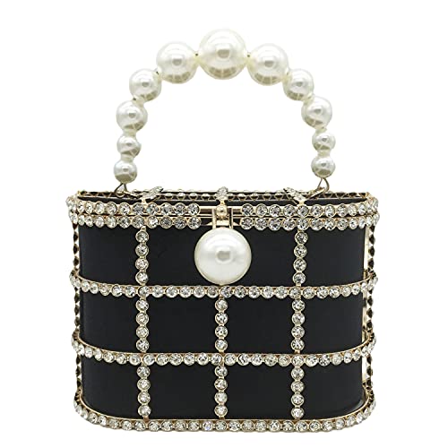 Synthetic Pearl Top-Handle Women Metal Bucket Bag Crystal Evening Purses and Clutches Formal Wedding Handbags (Black)