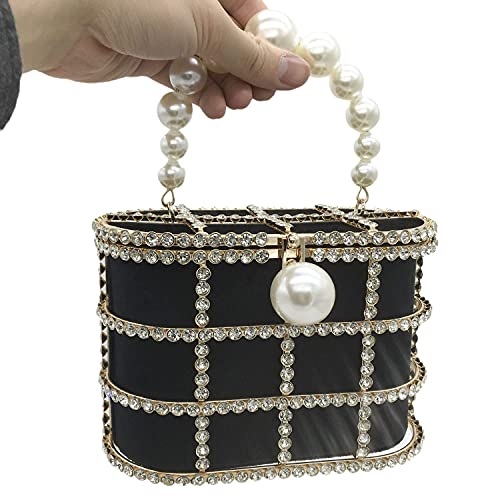 Synthetic Pearl Top-Handle Women Metal Bucket Bag Crystal Evening Purses and Clutches Formal Wedding Handbags (Black)