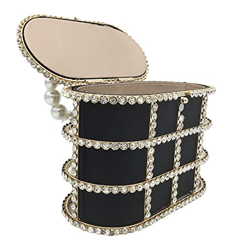 Synthetic Pearl Top-Handle Women Metal Bucket Bag Crystal Evening Purses and Clutches Formal Wedding Handbags (Black)