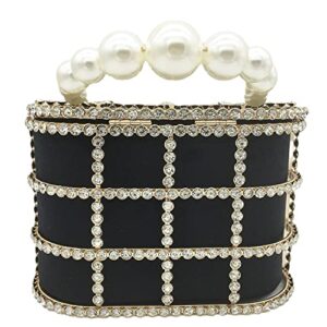 Synthetic Pearl Top-Handle Women Metal Bucket Bag Crystal Evening Purses and Clutches Formal Wedding Handbags (Black)