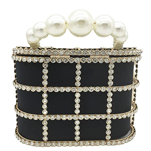 Synthetic Pearl Top-Handle Women Metal Bucket Bag Crystal Evening Purses and Clutches Formal Wedding Handbags (Black)