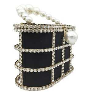 Synthetic Pearl Top-Handle Women Metal Bucket Bag Crystal Evening Purses and Clutches Formal Wedding Handbags (Black)