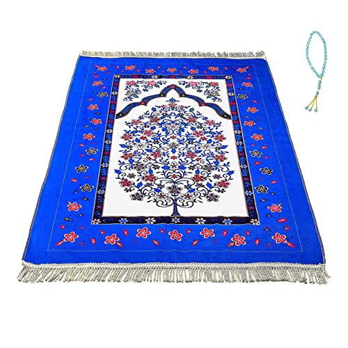 Luxury Velvet Prayer mat Islam Prayer Rug for Women Men Kids mats Muslim Blue Purple Islamic Rug Ramadan Gift eid salat janamaz sajjadah with Beads and Compass, 27.3x43 inch