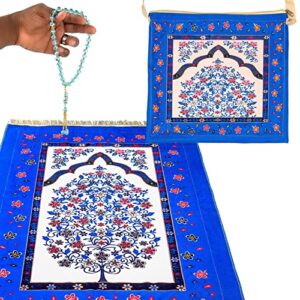 Luxury Velvet Prayer mat Islam Prayer Rug for Women Men Kids mats Muslim Blue Purple Islamic Rug Ramadan Gift eid salat janamaz sajjadah with Beads and Compass, 27.3x43 inch