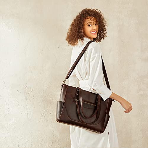 S-ZONE Women Vintag Genuine Leather Tote Bag Large Shoulder Purse Work Handbag with Crossbody Strap