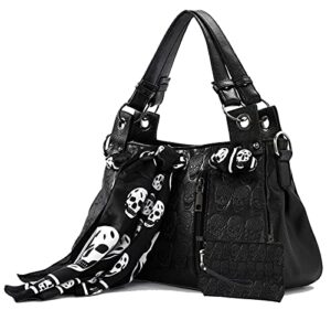 women skull tote bag revit studded handbag pu leather purse and wallet 2pcs set