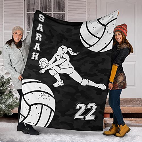 Custom Volleyball Black Camo Libero Volleyball Girl Personalized Name Number Premium Quality Sherpa Fleece Throw Blanket 3D Printed Warm Fluffy Cozy Soft Tv Bed Couch Comfy Microfiber Velvet Plush