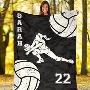 Custom Volleyball Black Camo Libero Volleyball Girl Personalized Name Number Premium Quality Sherpa Fleece Throw Blanket 3D Printed Warm Fluffy Cozy Soft Tv Bed Couch Comfy Microfiber Velvet Plush