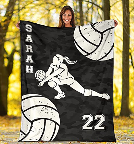 Custom Volleyball Black Camo Libero Volleyball Girl Personalized Name Number Premium Quality Sherpa Fleece Throw Blanket 3D Printed Warm Fluffy Cozy Soft Tv Bed Couch Comfy Microfiber Velvet Plush