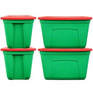 simplykleen 4-pack christmas storage totes with lids (red/green), 18-gallon (72-quart) organization bins, 25.50″ x 17.00″ x 15.25″, holiday organizer, plastic storage container made in the usa