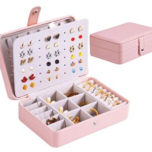QBestry Travel Jewelry Organizer for Women Girls Stud Earring Organizer, Travel Jewelry Case Earring Jewelry Box for Girls Mini Earring Box Holder Storage Case Organizer for Necklace Rings, Light Pink
