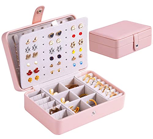 QBestry Travel Jewelry Organizer for Women Girls Stud Earring Organizer, Travel Jewelry Case Earring Jewelry Box for Girls Mini Earring Box Holder Storage Case Organizer for Necklace Rings, Light Pink