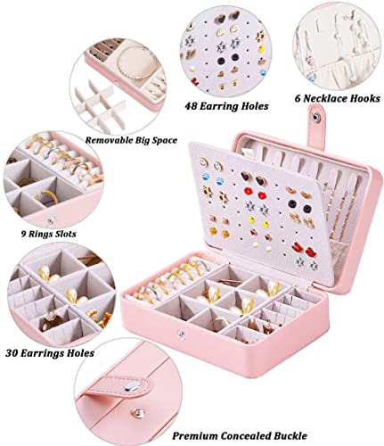 QBestry Travel Jewelry Organizer for Women Girls Stud Earring Organizer, Travel Jewelry Case Earring Jewelry Box for Girls Mini Earring Box Holder Storage Case Organizer for Necklace Rings, Light Pink