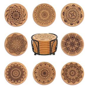 coomin cork coasters, extra thick cork coasters with holder, 8 pcs farmhouse coasters for coffee table, wooden table, heat-resistant coasters for drinks