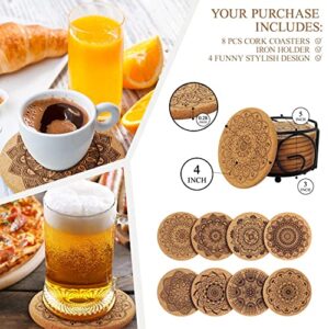 Coomin Cork Coasters, Extra Thick Cork Coasters with Holder, 8 Pcs Farmhouse Coasters for Coffee Table, Wooden Table, Heat-Resistant Coasters for Drinks