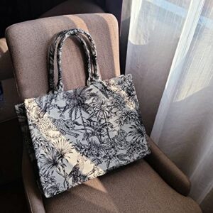 Fashion luxury tote bag cotton linen one shoulder handbag large capacity jacquard embroidery retro exquisite graffiti(L)