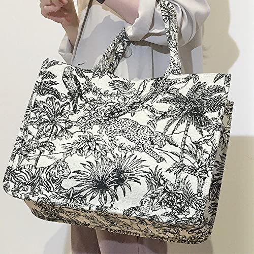 Fashion luxury tote bag cotton linen one shoulder handbag large capacity jacquard embroidery retro exquisite graffiti(L)