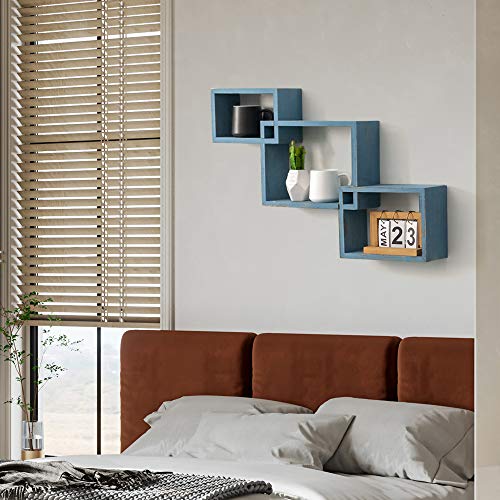 Coral Flower Rustic Wall Mounted Tier Square Shaped Floating Shelves – Set of 3 – Screws and Anchors Included - Farmhouse Wooden Shelves for Bedroom, Living Room and More, rustic blue