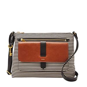 Fossil Women's Kinley Fabric Large Crossbody Handbag, Black Stripe with Women's Logan Faux Leather RFID Tab Clutch Wallet, Brown