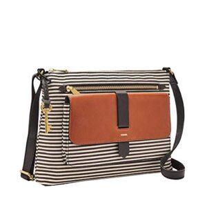 Fossil Women's Kinley Fabric Large Crossbody Handbag, Black Stripe with Women's Logan Faux Leather RFID Tab Clutch Wallet, Brown