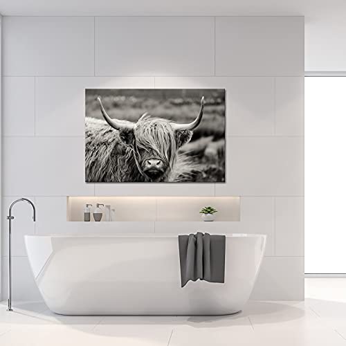 iKNOW FOTO Black and White Canvas Wall Art Highland Cow Cattle Picture Prints Texas Longhorn Painting Farm Animal Artwork for Home Decor Modern Living Room Bedroom Decorations Ready to Hang 32x48inch