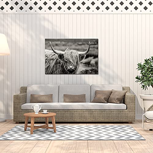 iKNOW FOTO Black and White Canvas Wall Art Highland Cow Cattle Picture Prints Texas Longhorn Painting Farm Animal Artwork for Home Decor Modern Living Room Bedroom Decorations Ready to Hang 32x48inch