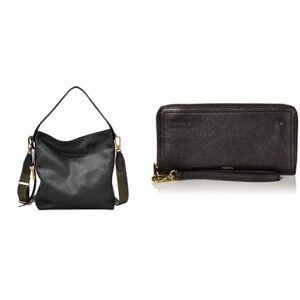 Fossil Women's Maya Leather Small Hobo Handbag, Black with Women's Logan Faux Leather RFID Zip Around Clutch Wallet, Black