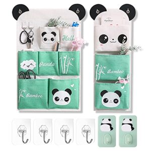 pandaonly 2 wall hanging storage bag,linen cotton fabric waterproof pocket organizer bag with 6 hooks,over the door/wall for bedroom bathroom closet home organizer