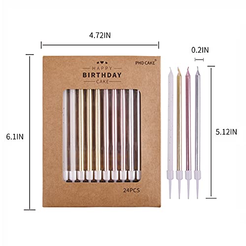 PHD CAKE 24-Count Long Birthday Candles in Holders in Gold Silver Rose Gold White, Cake Candles, Birthday Parties, Wedding Decorations, Party Candles, Celebrations