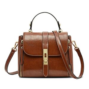 cowhide small handbags for women satchel shoulder bags, ladies cow purses with handle crossbody bags for women mini tote (brown)