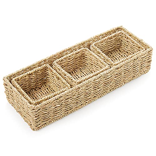 Americanflat Seagrass Storage Baskets - Set of 4 - Handwoven and Decorative for Organizing at Home - 1 Large and 3 Small Wicker Nesting Baskets (Natural Color)