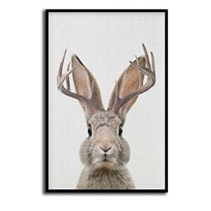 with frame jackalope wall art mythical creature nursery rabbit with antler print woodland animal decor modern canvas art easter decorations wall decor 08x12inch wooden framed