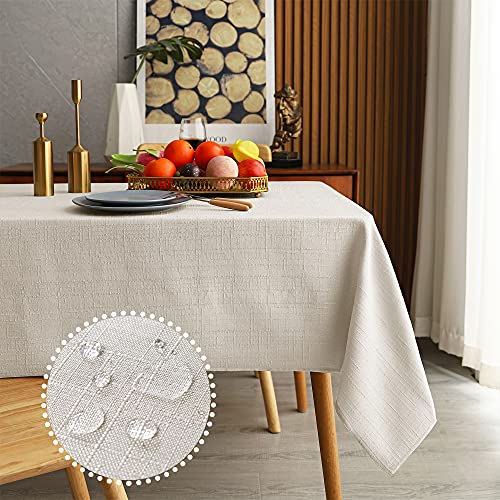 MikiUp Faux Linen Rectangle Tablecloth - Waterproof and Washable Slubby Textured Weaves Table Cloth, Indoor & Outdoor Table Cover for Kitchen Party and Banquets, Beige 58 x 84 Inch