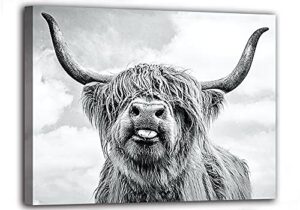 highland cow canvas print black and white highland cow wall art farmhouse wall decor longhorn highland cattle picture stretched and framed ready to hang for living room bathroom decor 12x16inch for fengyuyi