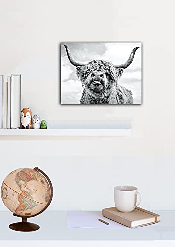 Highland Cow Canvas Print Black and White Highland Cow Wall Art Farmhouse Wall Decor Longhorn Highland Cattle Picture Stretched and Framed Ready to Hang for Living Room Bathroom Decor 12x16inch for fengyuyi