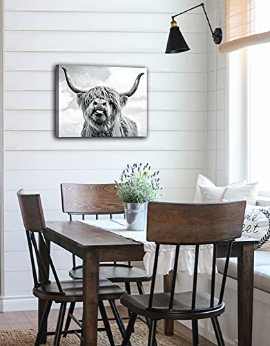 Highland Cow Canvas Print Black and White Highland Cow Wall Art Farmhouse Wall Decor Longhorn Highland Cattle Picture Stretched and Framed Ready to Hang for Living Room Bathroom Decor 12x16inch for fengyuyi