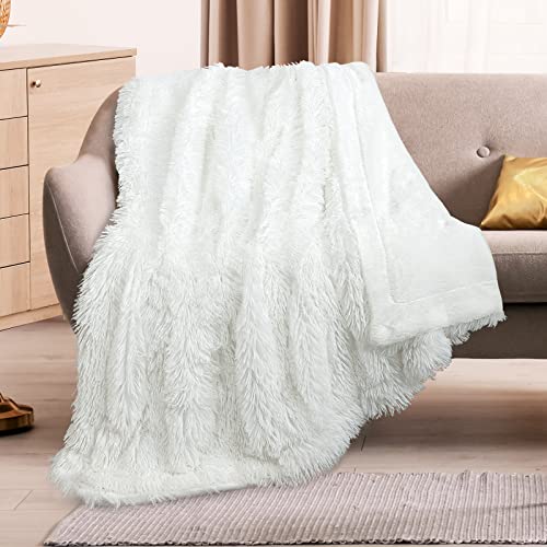 Soft Fuzzy Faux Fur Throw Blanket,50"x60",Reversible Lightweight Fluffy Cozy Plush Fleece Comfy Furry Microfiber Decorative Shaggy Blanket for Couch Sofa Bed,Pure White