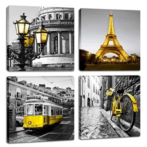 ymyxmc33 decor bedroom paris eiffel tower canvas print black and white wall art london landmark building yellow lighting old tram yellow rose bicycle picture decoration living room 12″x12″x4