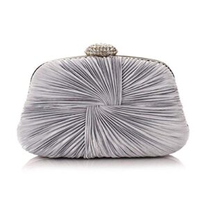 womens clutch bag,pleated satin handbag lady pleated bow purse bag with chain for prom wedding evening party (silver)