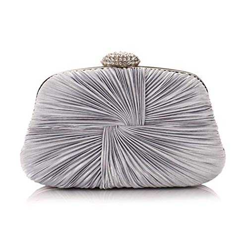 Womens Clutch Bag,Pleated Satin Handbag Lady Pleated Bow Purse Bag with Chain for Prom Wedding Evening Party (Silver)