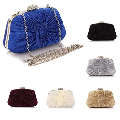 Womens Clutch Bag,Pleated Satin Handbag Lady Pleated Bow Purse Bag with Chain for Prom Wedding Evening Party (Silver)